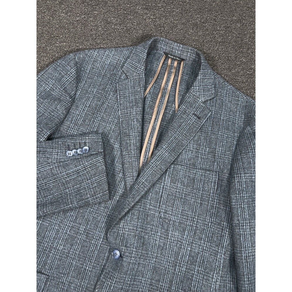 Saks Fifth Avenue Blazer Jacket Men 46R Blue Plaid Unstructured Knit Wool Modern